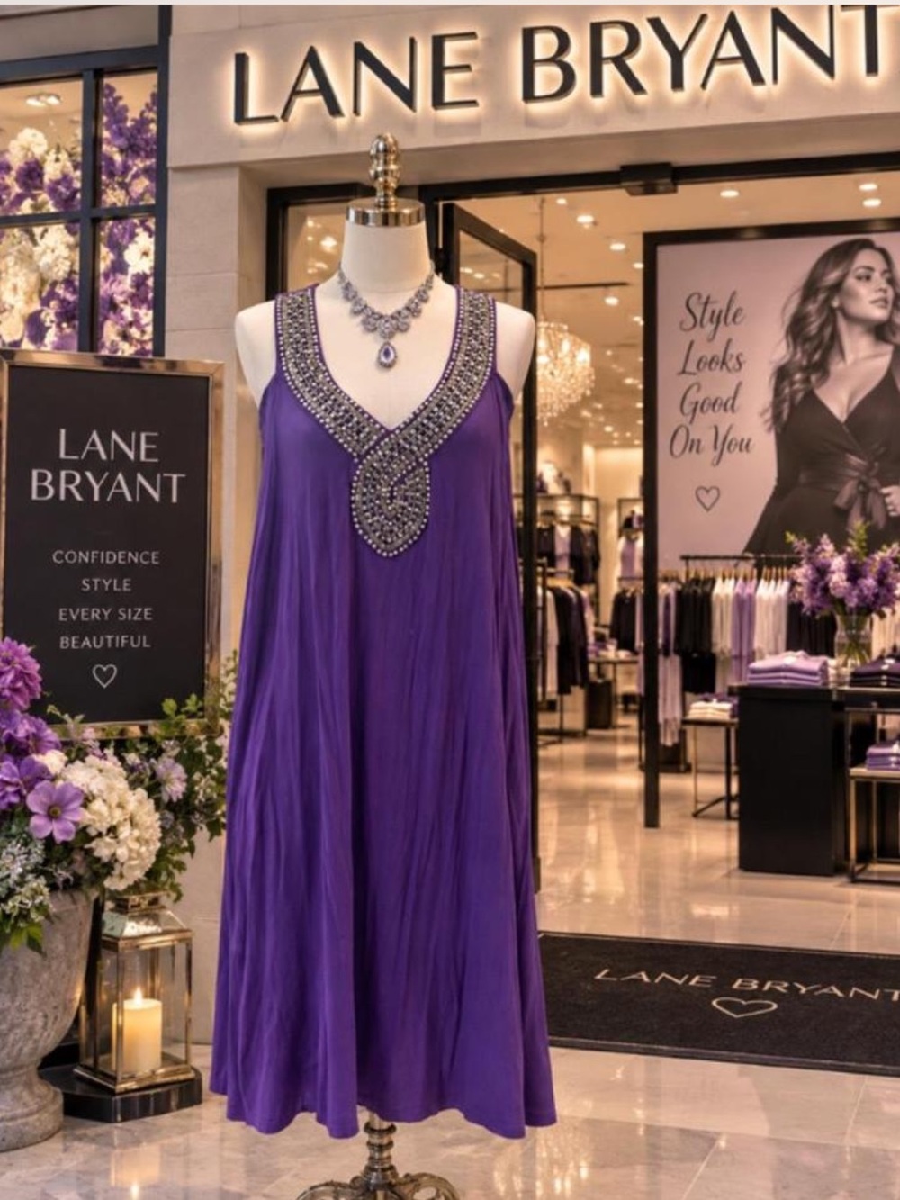 Lane Bryant Purple Beaded V‑Neck tunic